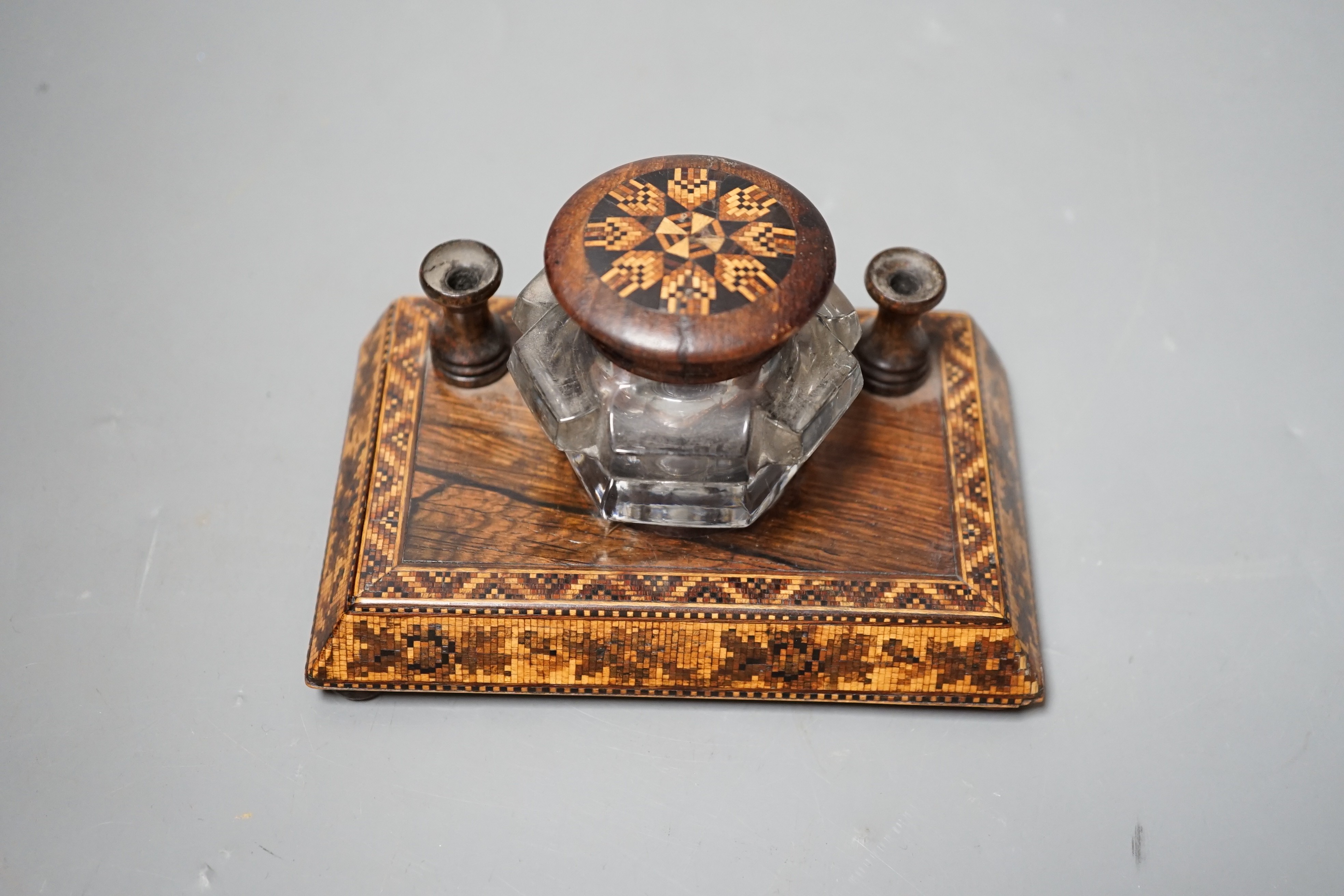 A Tunbridge ware rosewood inkstand, late 19th century, 14cm wide